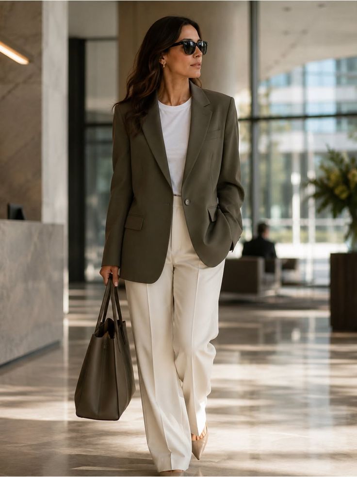 Woman in a blazer and white pants walking indoors with a tote bag