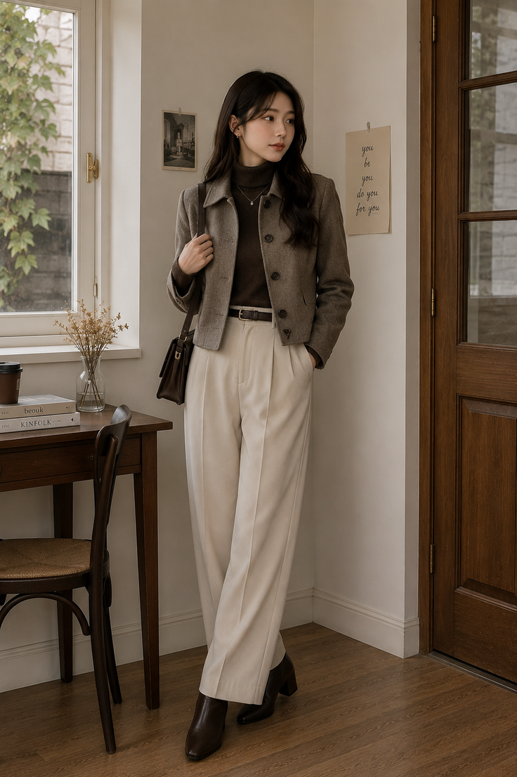 Woman in a brown jacket and cream wide-leg pants standing indoors