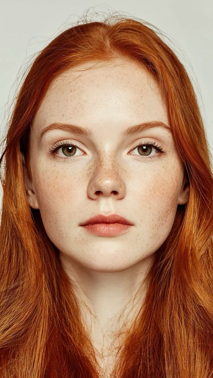 Close up portrait of a woman with red hair, freckles, and green eyes