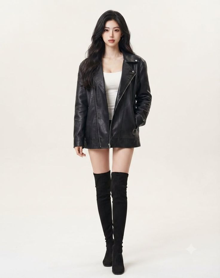 Woman in a black leather jacket, white top, and thigh high boots