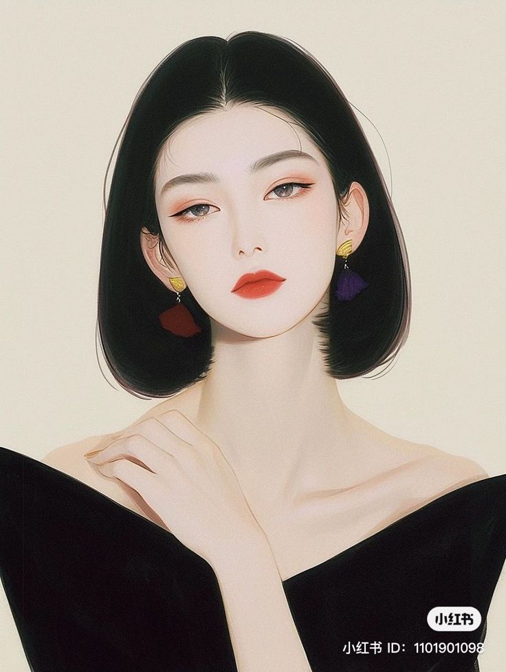 Illustration of a woman with short black hair and red lipstick wearing an off-shoulder dress