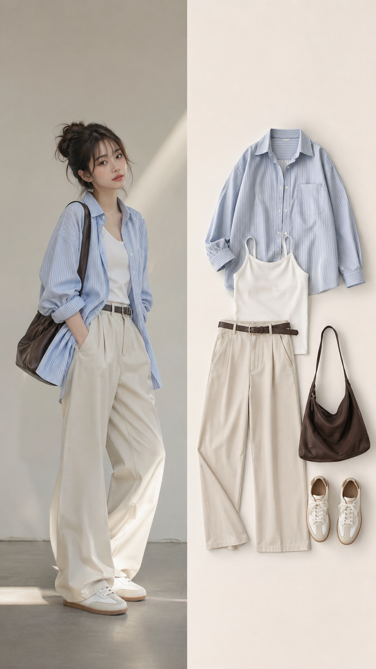 Woman in a striped shirt and wide leg pants with a brown bag and sneakers