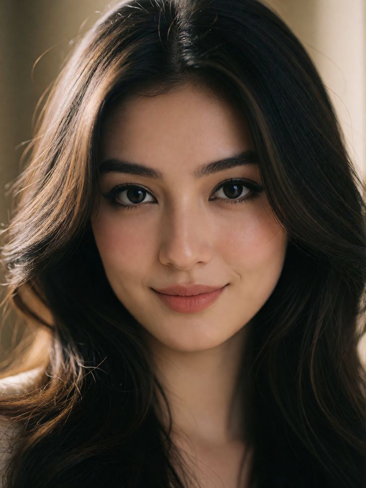 Close-up portrait of a woman with long dark hair and soft lighting