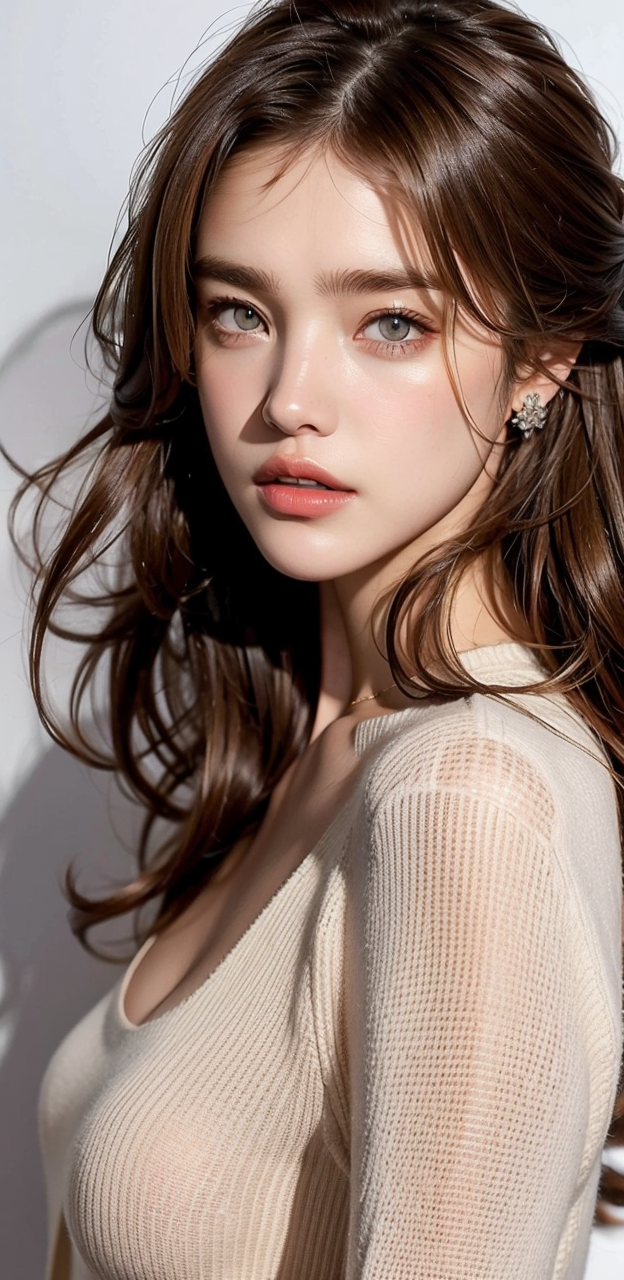 Woman with long brown hair and light eyes wearing a sheer top