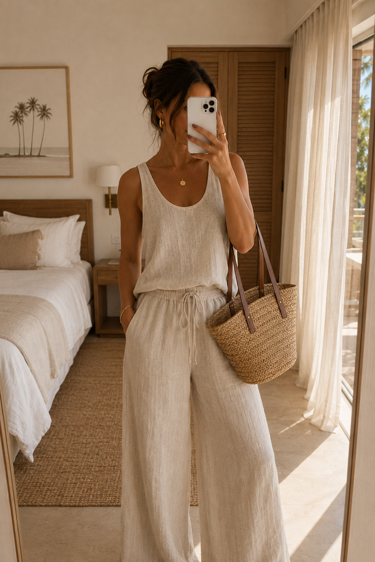 Woman in a linen outfit taking a mirror selfie in a sunlit bedroom