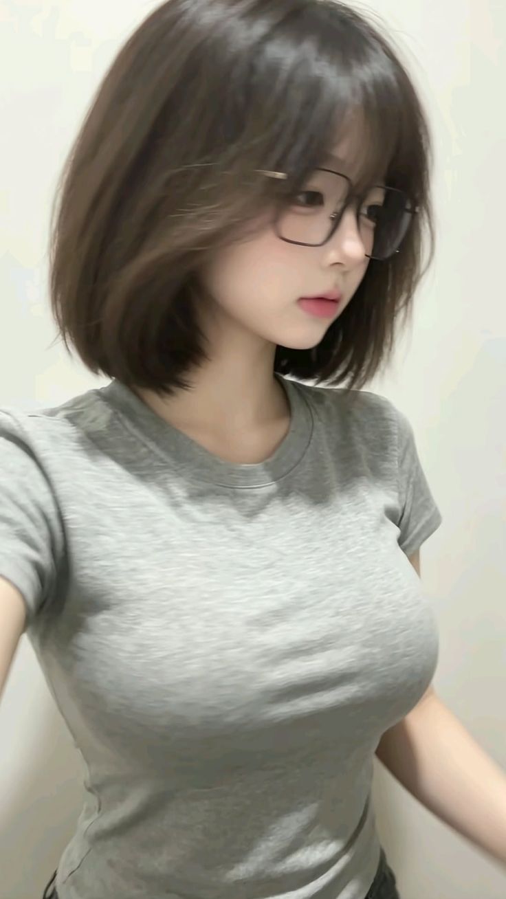 Woman with short hair and glasses wearing a tight grey t-shirt indoors