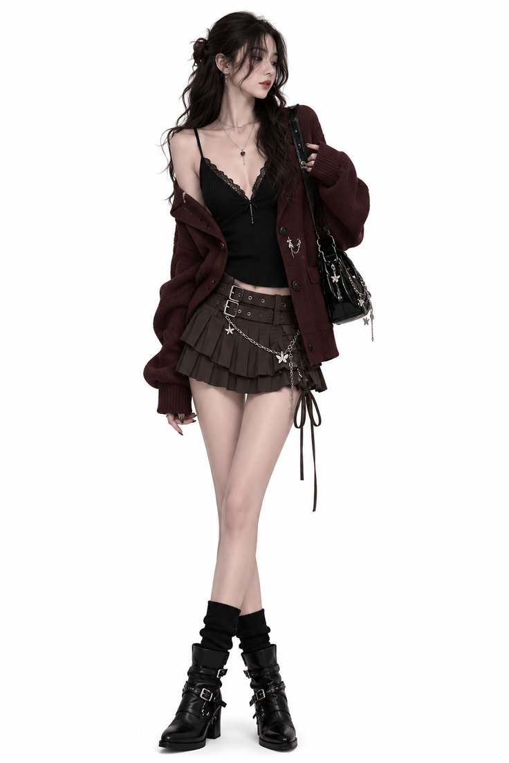 Woman in a dark red cardigan, lace top, and mini skirt with boots