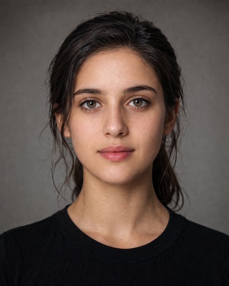 Woman with dark hair and a black shirt in a studio portrait