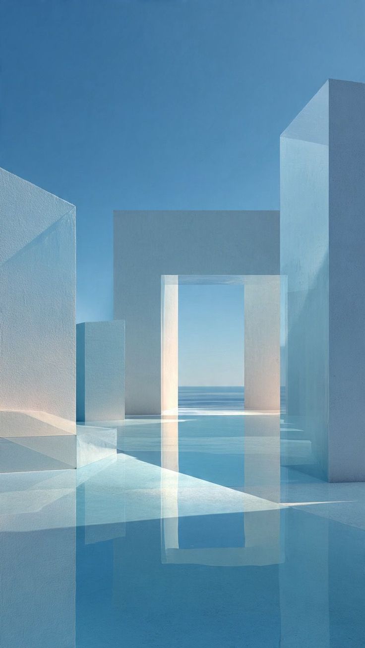 Minimalist 3D render with geometric shapes and ocean view