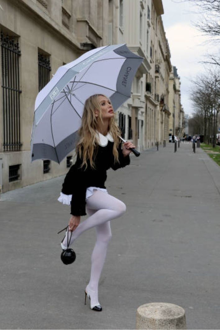 Woman in a black dress and white tights holding an umbrella on a street