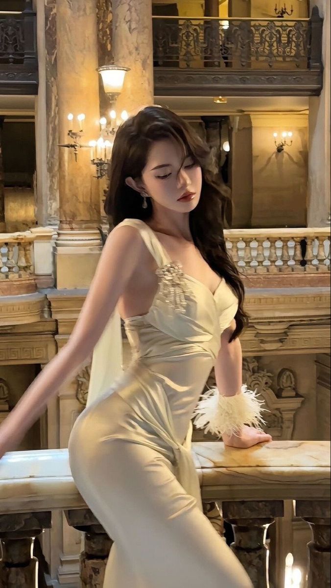 Woman in an evening dress with feather cuff in an ornate indoor setting