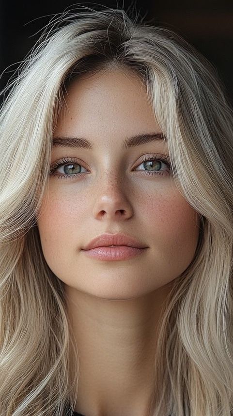 Close-up portrait of a woman with blonde hair, green eyes, and freckles