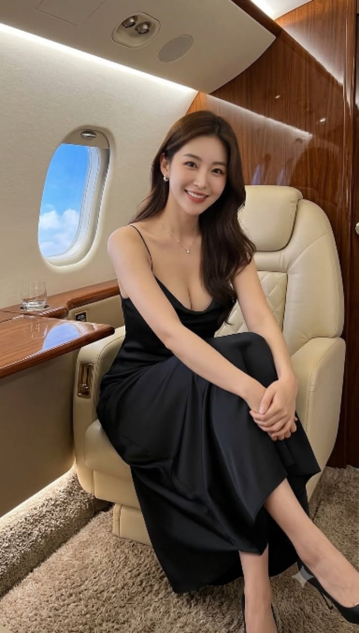 Woman in a black dress sitting in a private jet, smiling at the camera