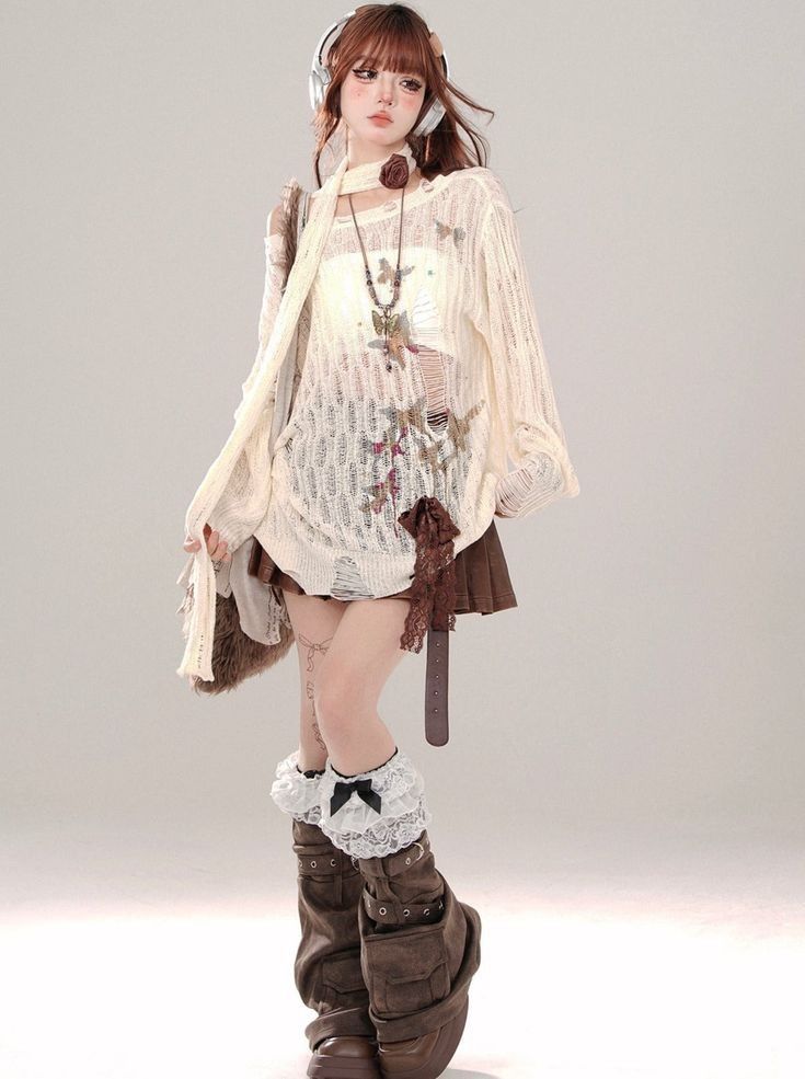 Woman with long hair and headphones wearing a brown skirt and platform boots