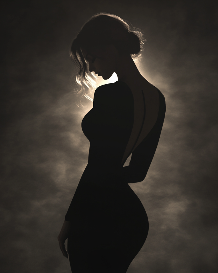 Woman in a long dress in silhouette with dramatic backlight