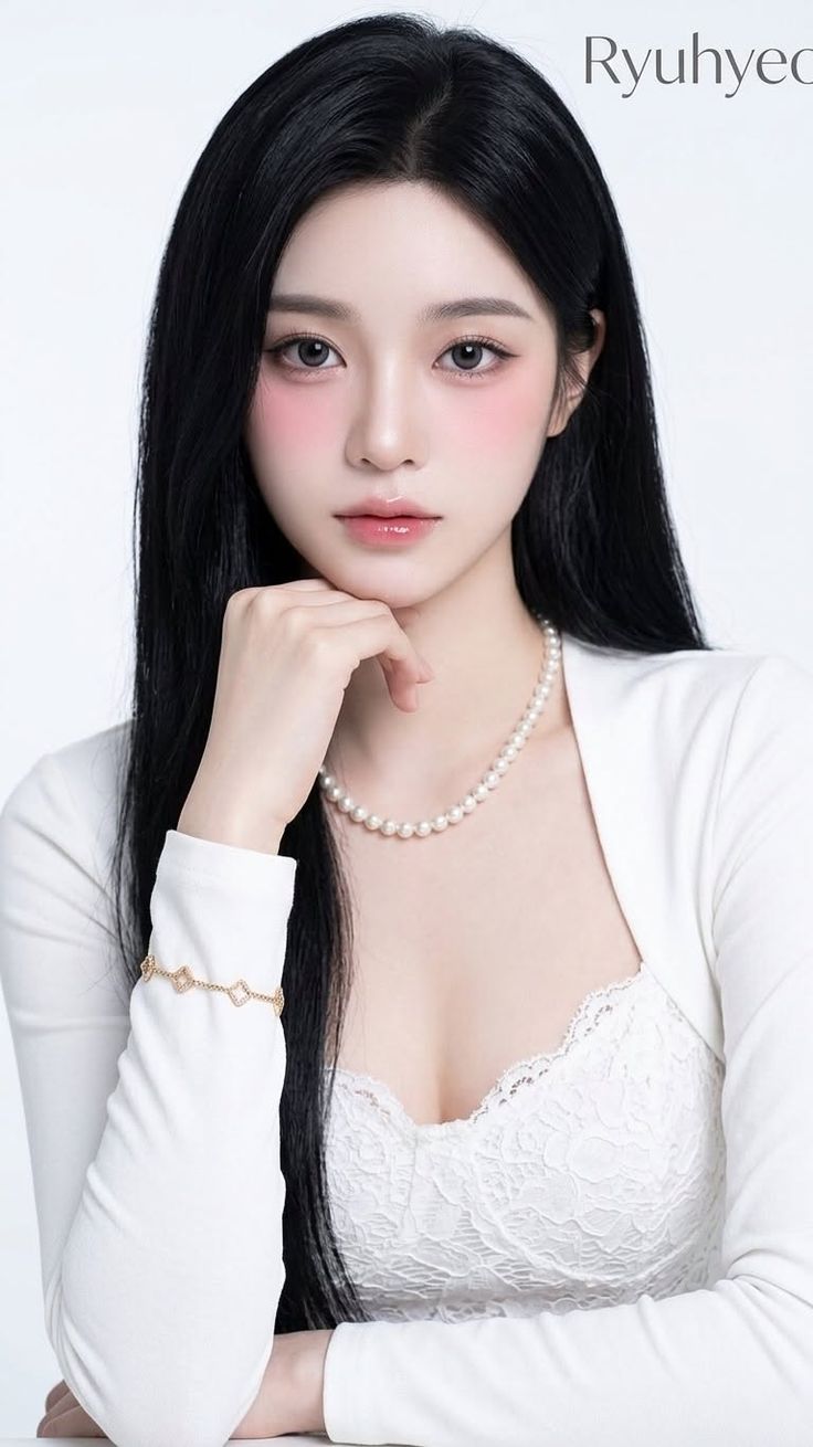 Woman with long black hair wearing a pearl necklace and white lace top