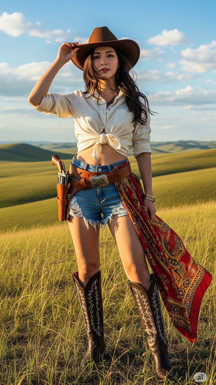 Woman in a cowboy hat and denim shorts with a tied shirt in a grassy field