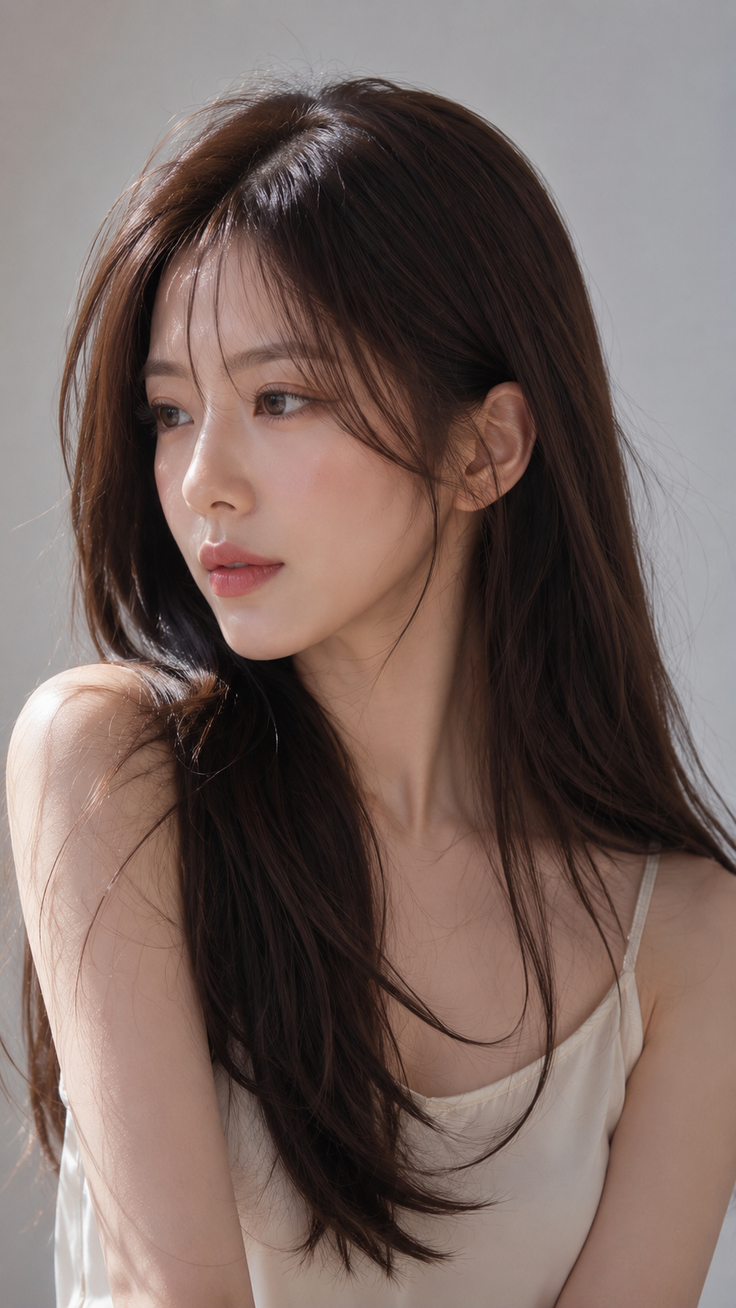 Woman with long brown hair in a light-colored top, looking to the side