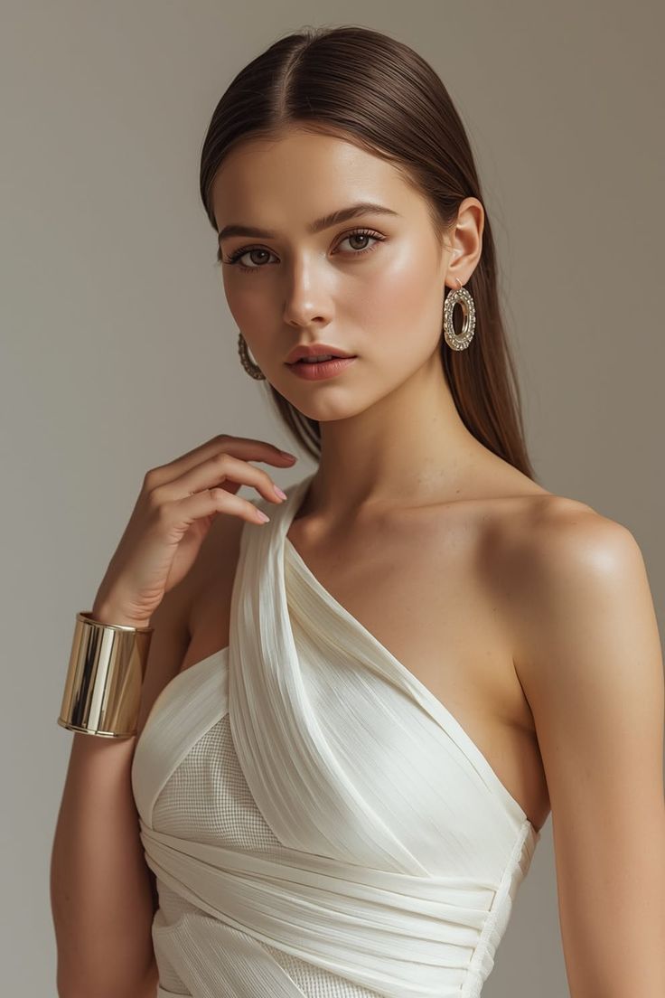 Woman in a white one-shoulder dress with gold jewelry in a studio setting