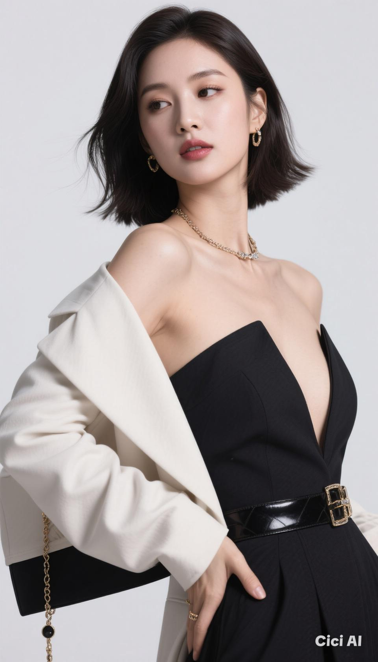Woman with short hair in a black dress and blazer, looking to the side