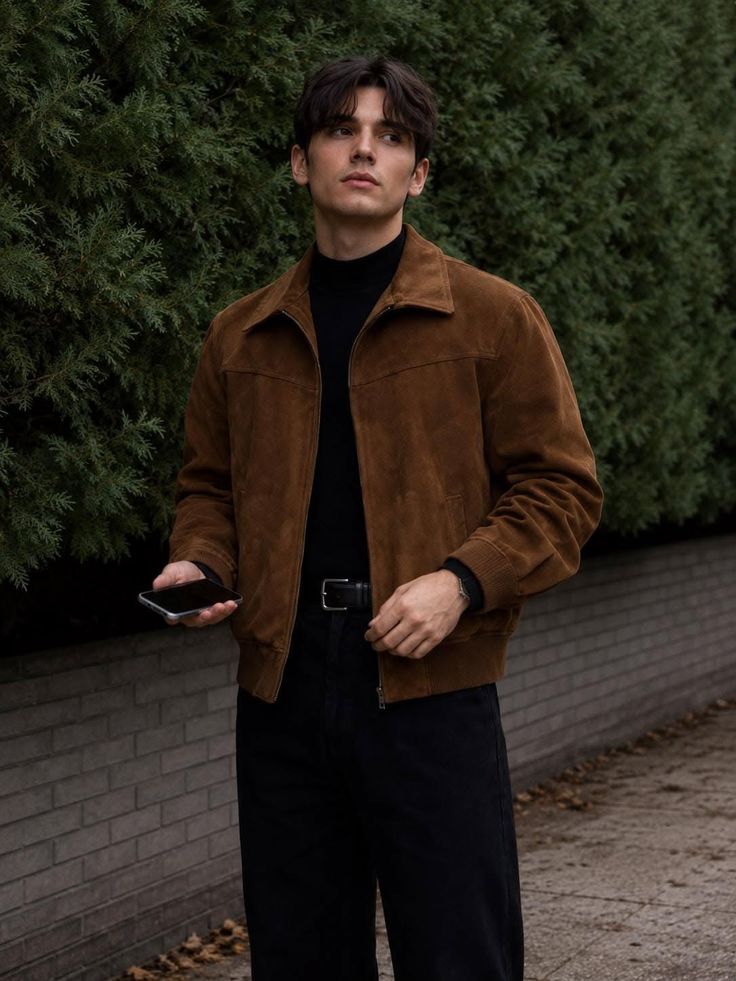 Man in a brown jacket and black turtleneck holding a phone outdoors