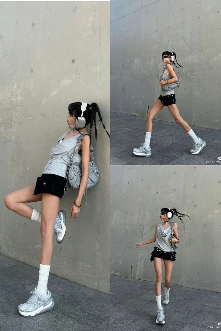Woman with braids, headphones, and sunglasses posing outdoors