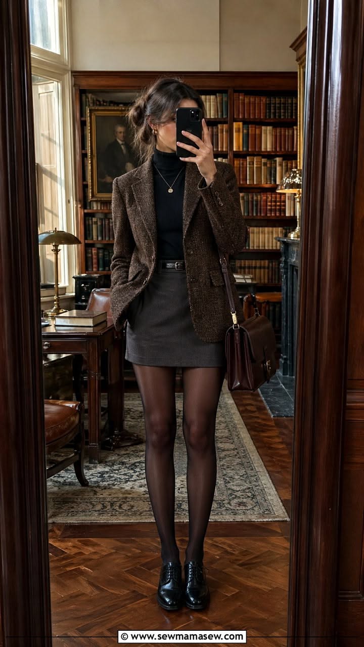 Woman in a tweed blazer and mini skirt taking a mirror selfie in a library