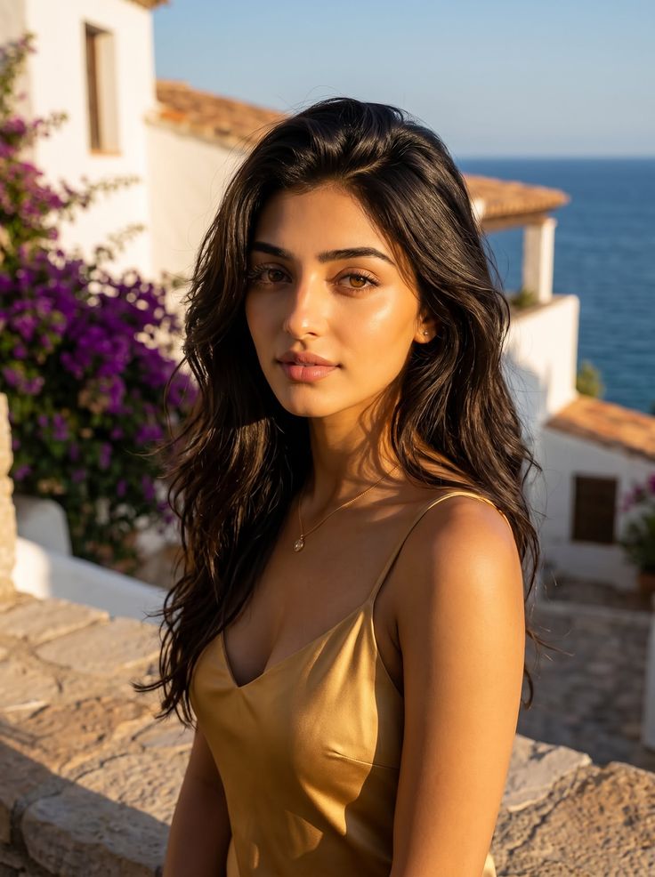 Woman with long dark hair in a gold dress outdoors with an ocean view