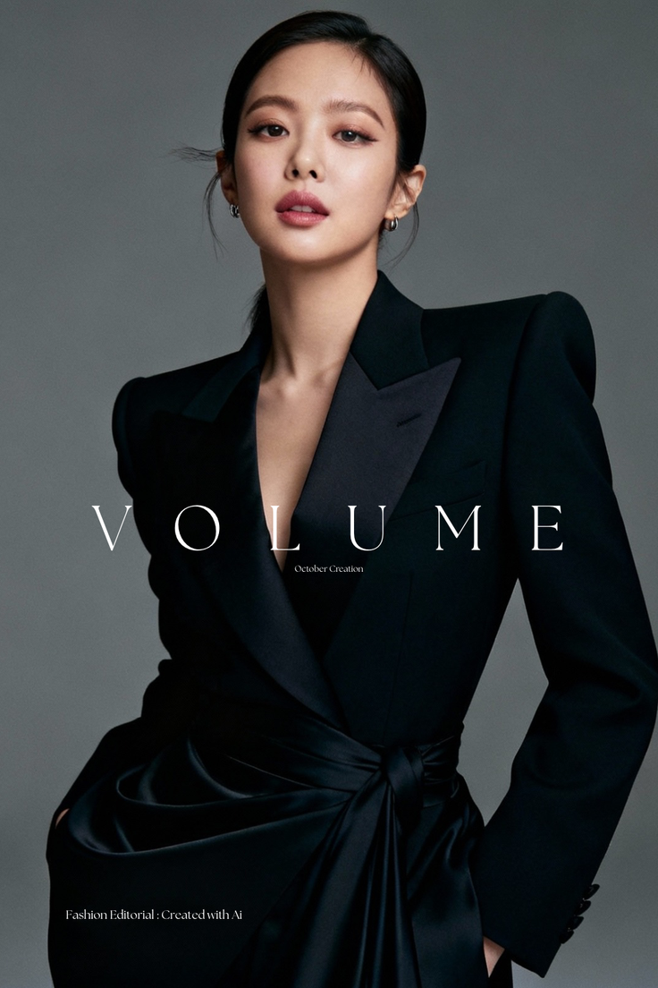 Woman in a black suit with a satin detail posing for a fashion editorial
