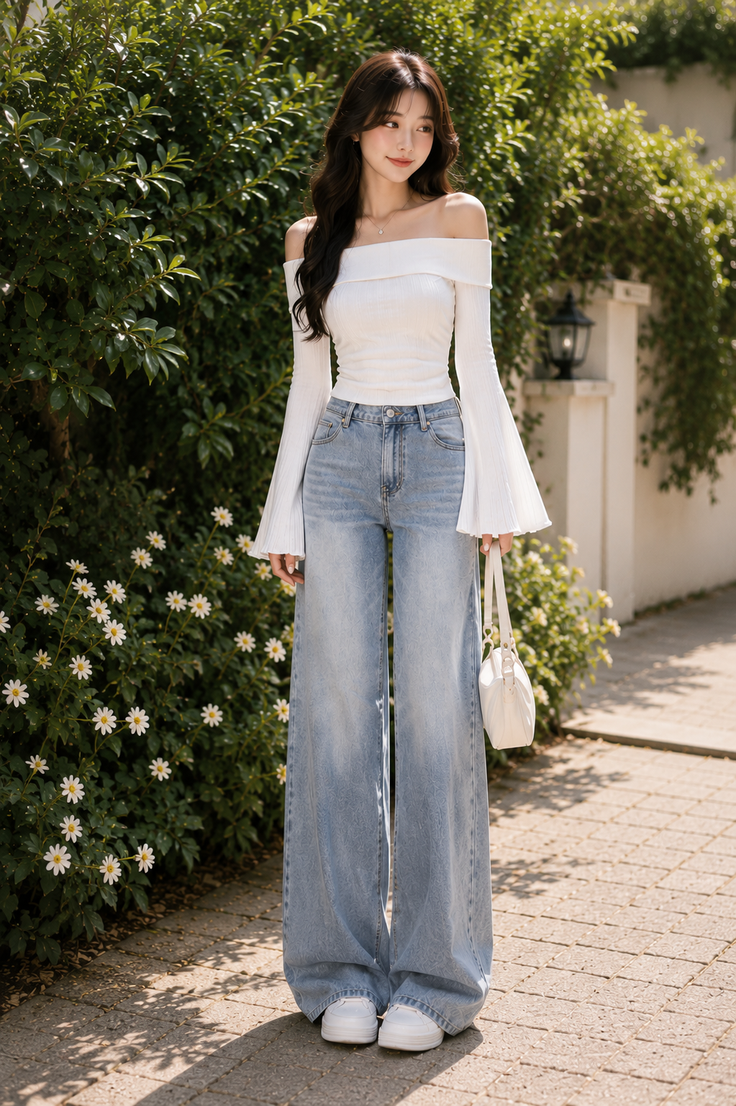 Woman in an off-shoulder top and wide-leg jeans standing outdoors