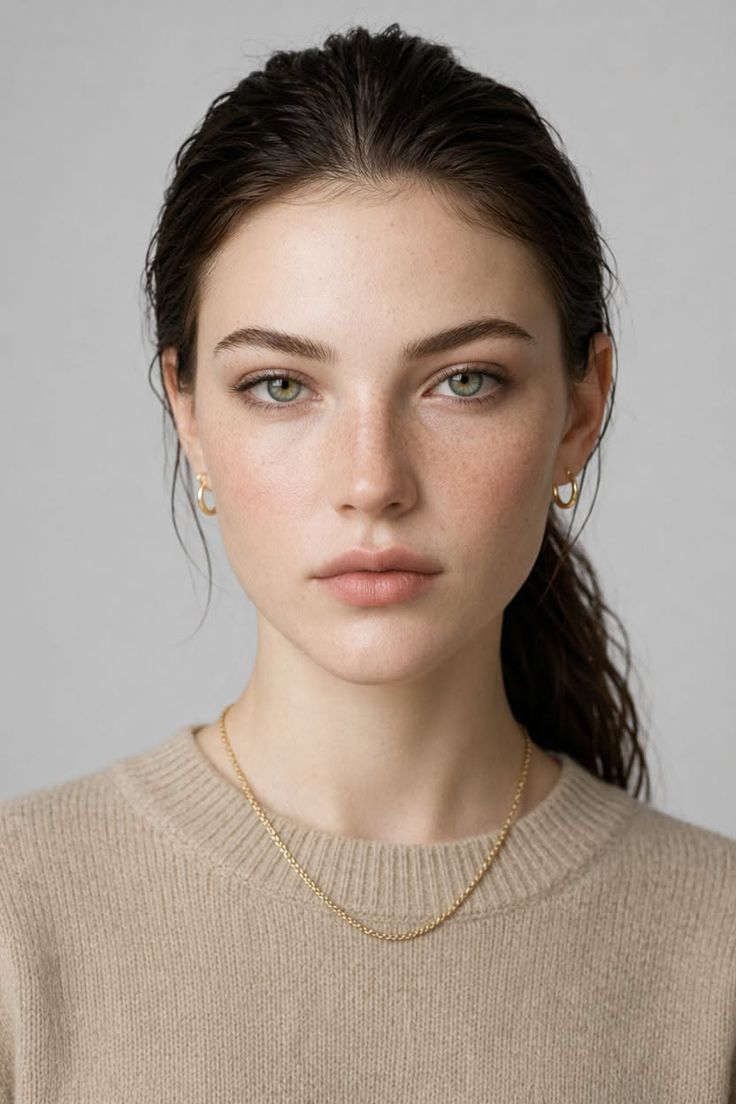 Woman with green eyes and freckles wearing a beige sweater and gold jewelry