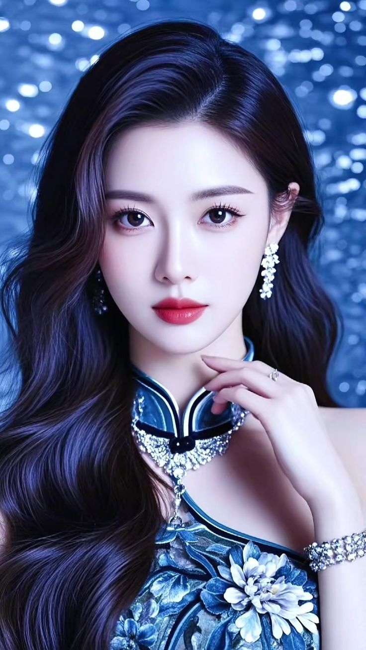Woman with long dark hair wearing a blue dress and jewelry against a blue background