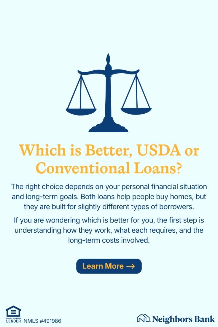 Informational graphic comparing USDA and Conventional Loans with a scale of justice icon