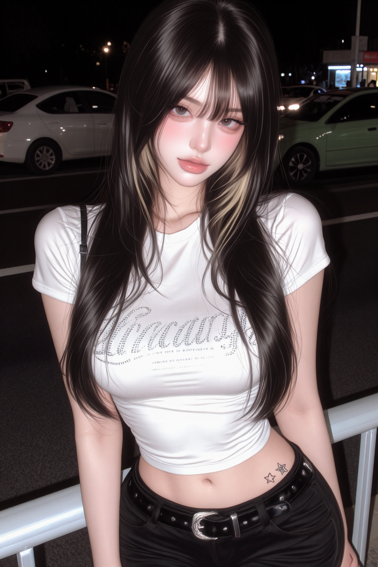 Illustration of a woman with long hair and a white crop top at night