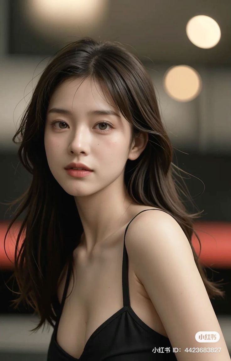 Woman with long dark hair wearing a black top with visible cleavage