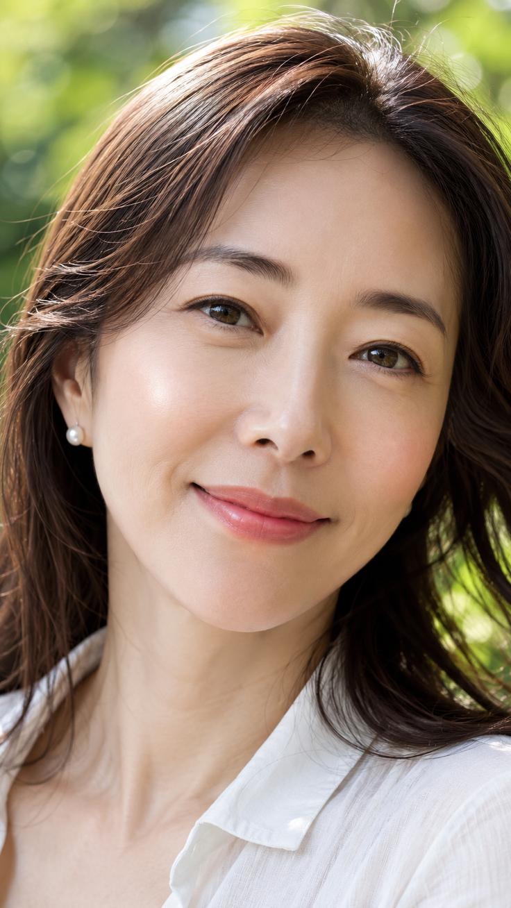 Woman with long hair and pearl earrings smiling outdoors