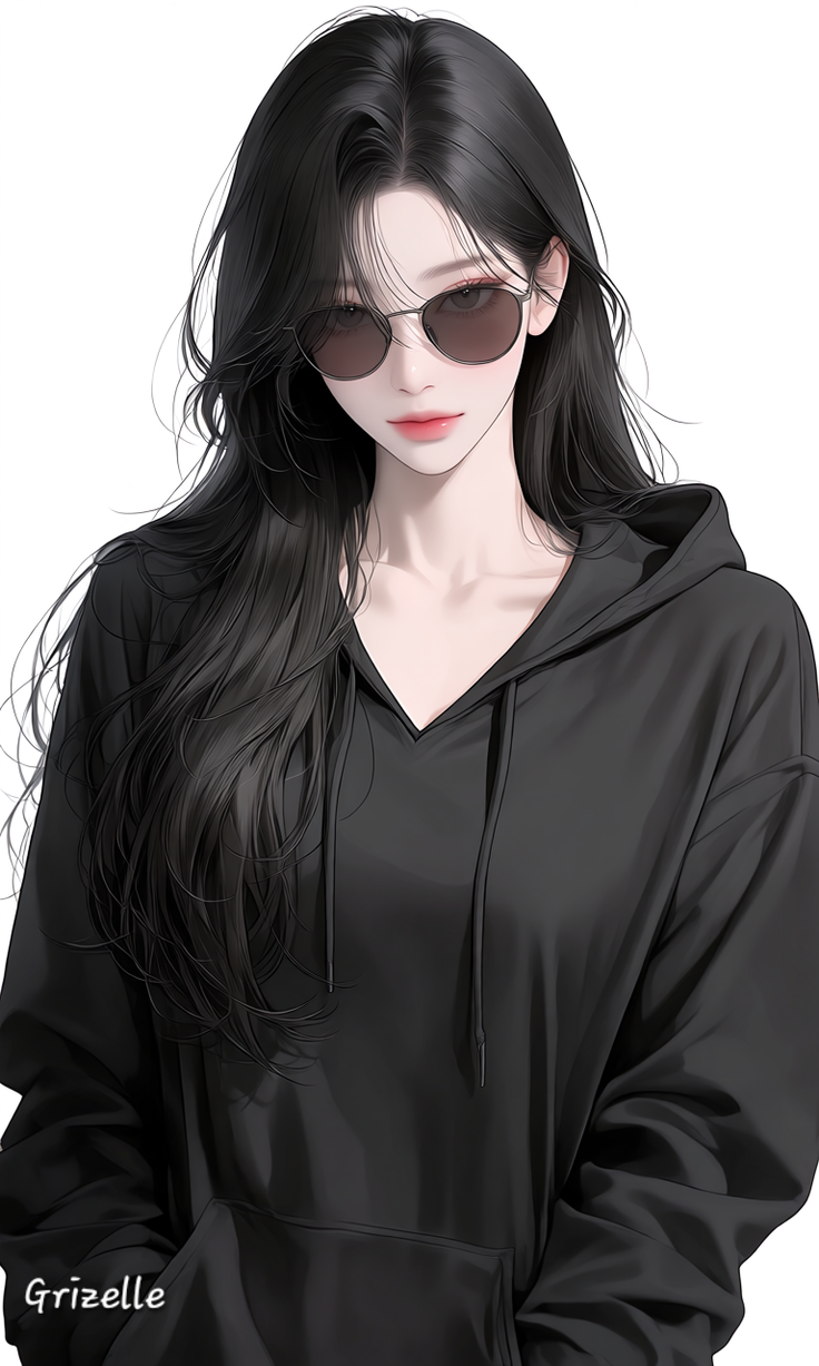 Illustration of a woman with long black hair wearing sunglasses and a black hoodie