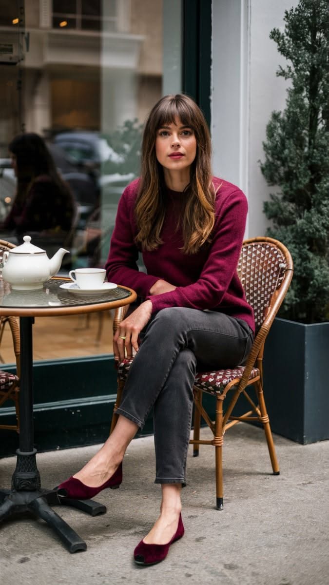 Woman with long hair and bangs sitting at an outdoor cafe table