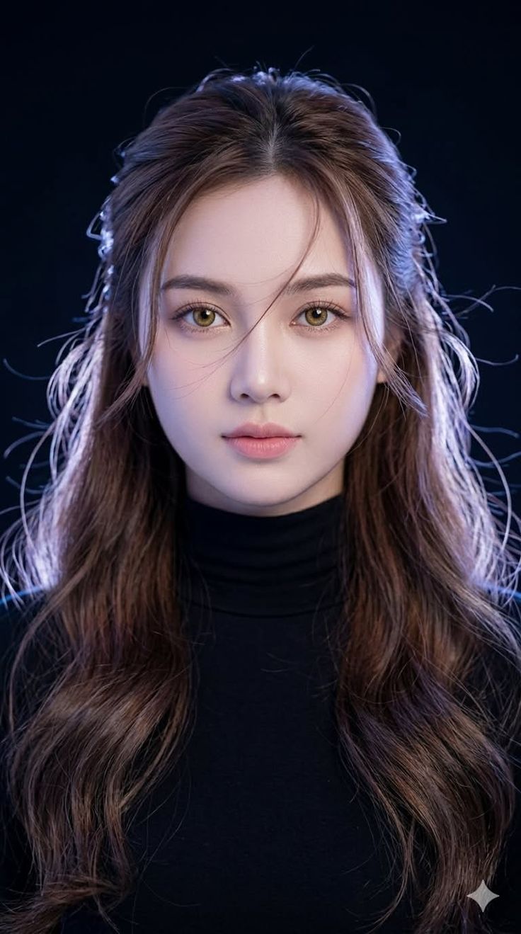 Woman with long brown hair and a black turtleneck against a dark background