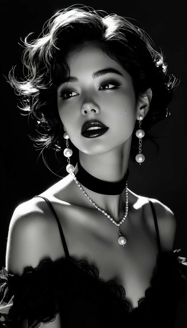 Black and white portrait of a woman with short hair and pearl jewelry