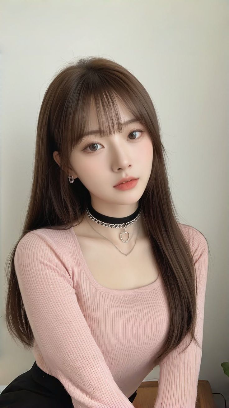 Woman with long brown hair and bangs wearing a pink top and choker