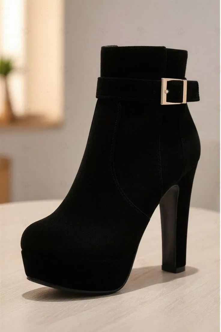 Black suede ankle boot with a high heel and platform sole