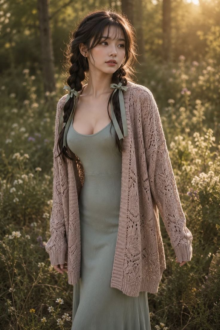 Woman with braided hair and a cardigan in a field at golden hour