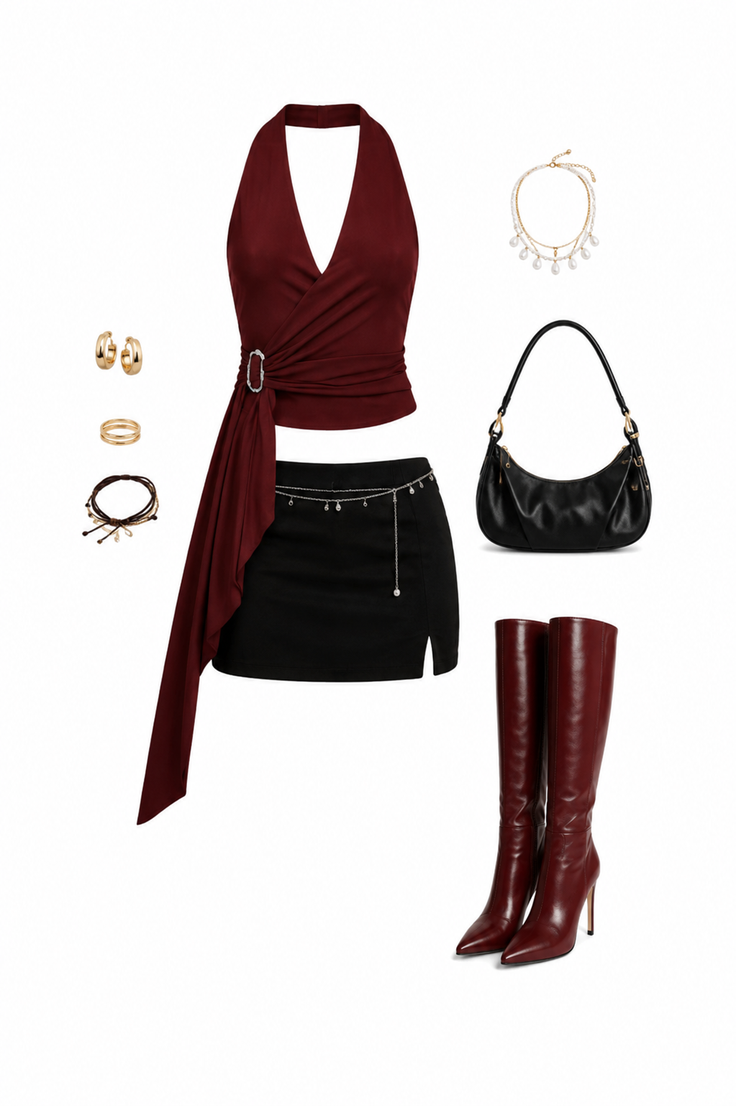 Fashion flat lay of a maroon halter top, black mini skirt, and accessories
