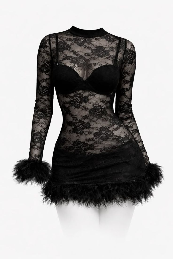 Black lace dress with feather trim and mock neck over a black bra