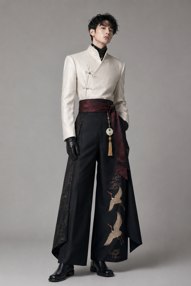 Man in traditional-inspired attire with embroidered cranes on wide-leg pants