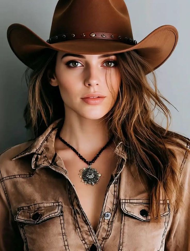 Woman in a cowboy hat and denim shirt with a necklace