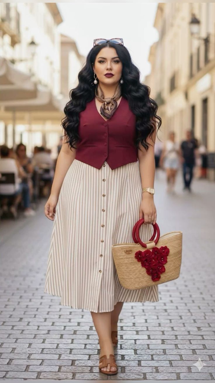 Woman with long wavy hair in a striped skirt and red vest walking on a cobblestone street