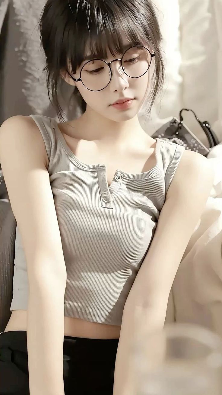 Woman with round glasses and a tank top in soft indoor lighting