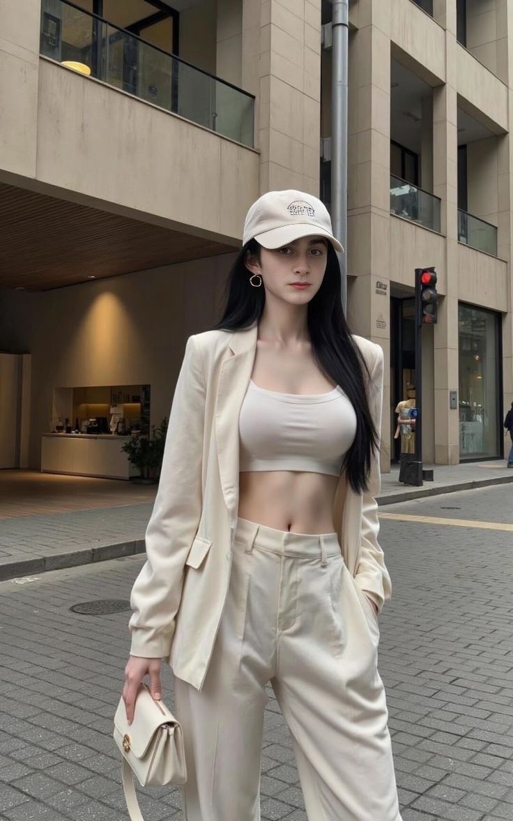 Woman in a crop top, blazer, and pants with a baseball cap on a street